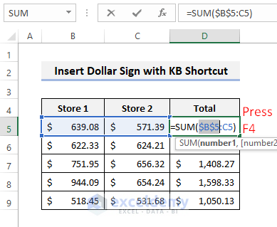 Insert Dollar Sign ($) in Excel Formula with Keyboard Shortcut