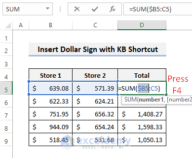 Insert Dollar Sign ($) in Excel Formula with Keyboard Shortcut