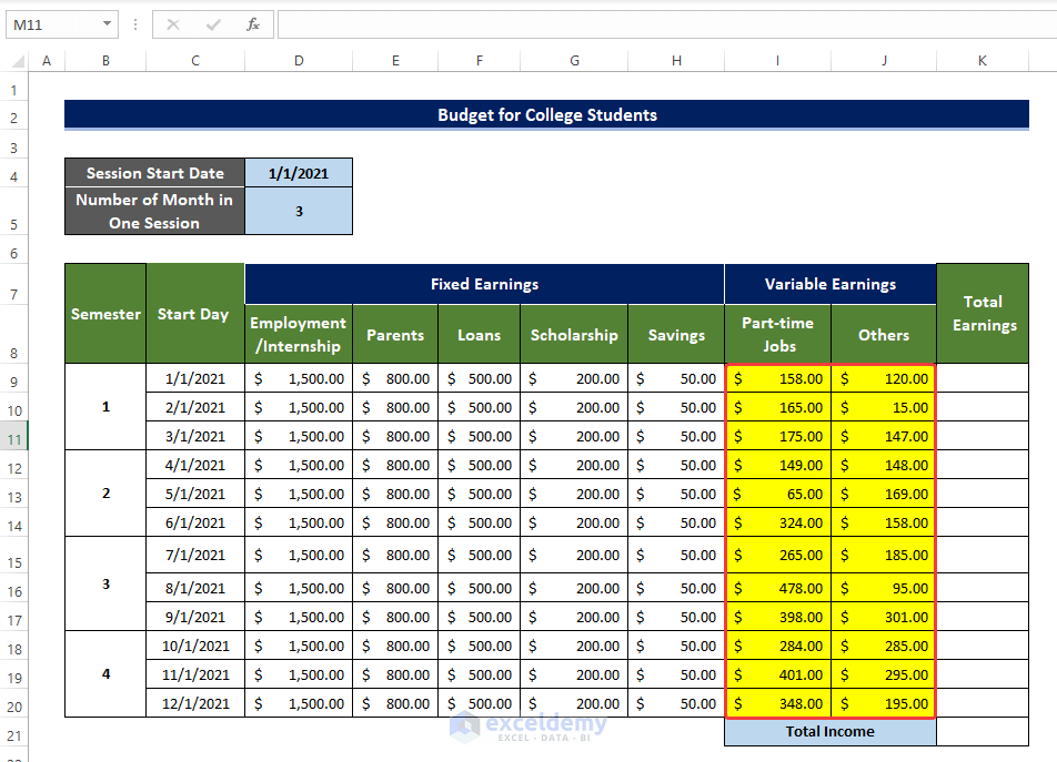 List All the Variable Earnings to Make a Budget in Excel for College Students 
