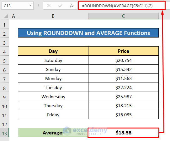 Applying ROUNDDOWN and AVERAGE Functions to Nest a Formula in Excel
