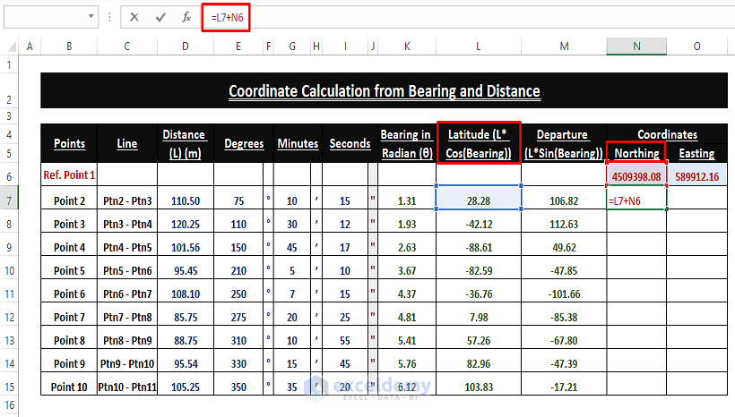 Northing-Calculate Coordinates from Bearing and Distance Excel