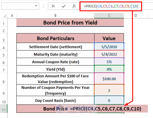 PRICE function-Calculate Bond Price from Yield in Excel