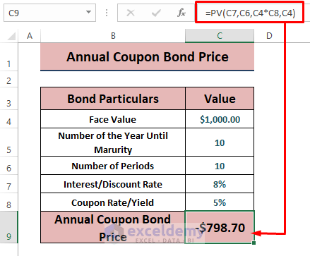 PV Formula-Calculate Bond Price from Yield in Excel