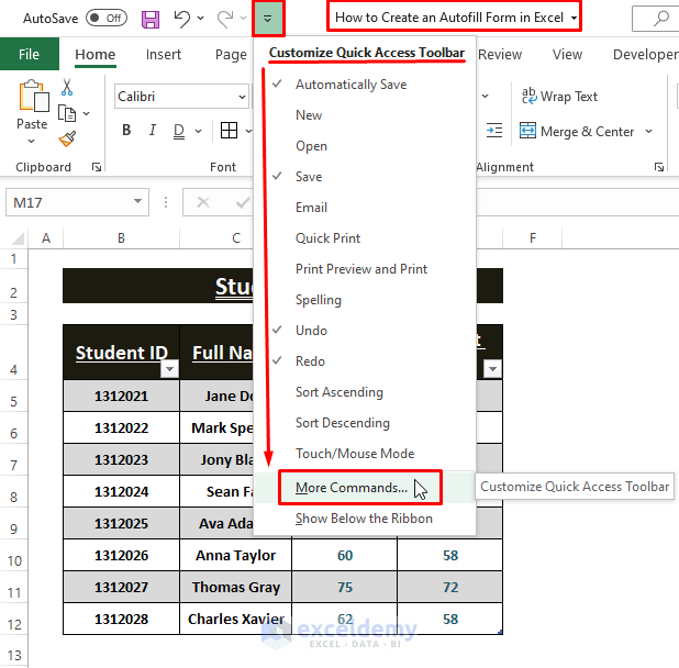 Quick Access Toolbar-Create an Autofill Form in Excel