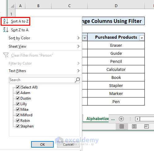Rearranging columns in excel alphabetically using filter