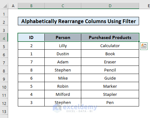 Dataset for rearranging columns in excel using filter
