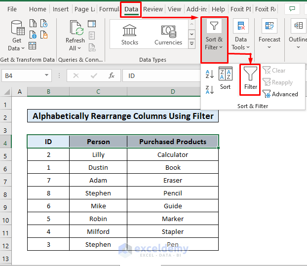 Rearranging columns in excel alphabetically using Filter