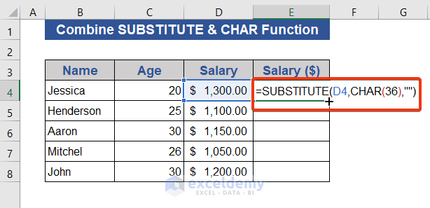 Combining SUBSTITUTE & CHAR Functions to remove sign in Excel