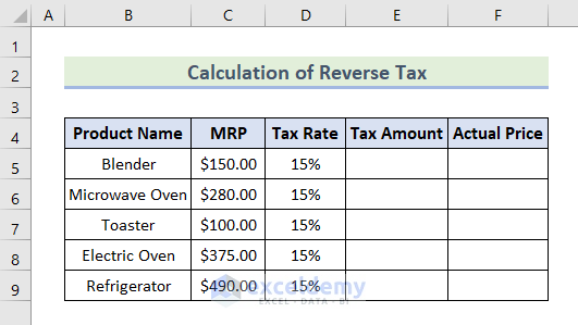 Reverse Tax Calculation Formula in Excel