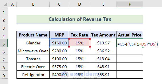 Reverse Tax Calculation Formula in Excel