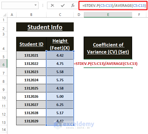 STDEV.P function-Calculate Coefficient of Variance in Excel