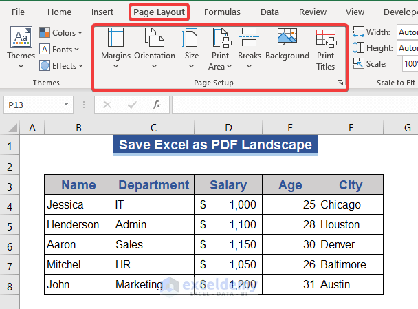 Customize Page Setup for PDF in Excel