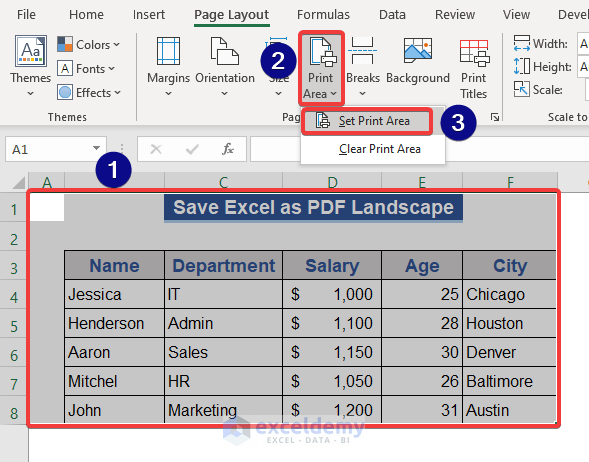 Define Excel Print Area in Excel to save in PDF