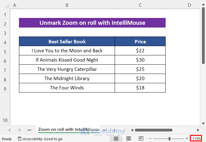Unmark Zoom on roll with IntelliMouse if the scroll bar is not working in Excel