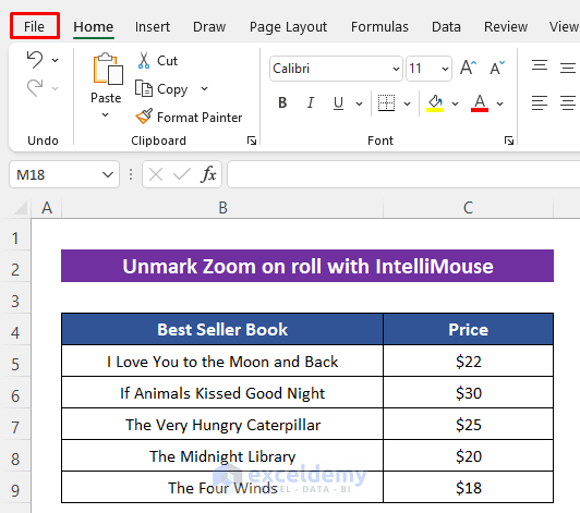 Unmark Zoom on roll with IntelliMouse if the scroll bar is not working in Excel