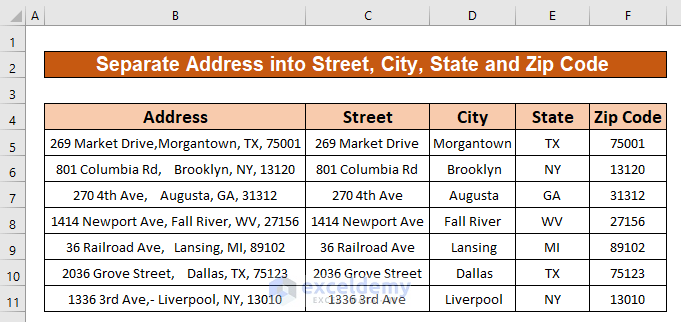 excel formula to separate address city state and zip