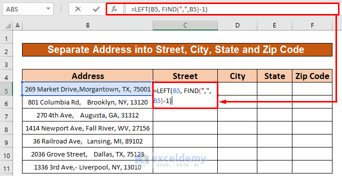 excel formula to separate address city state and zip
