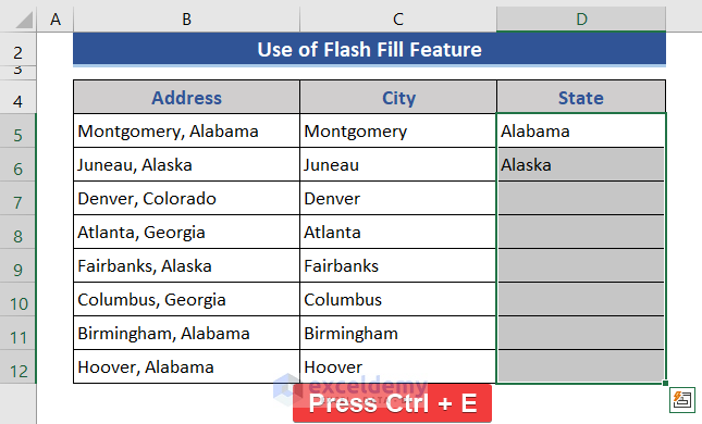 Flash Fill to separate city and state
