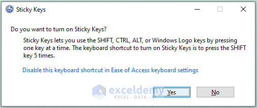 Sticky Keys window-Cursor Keys Not Working in Excel
