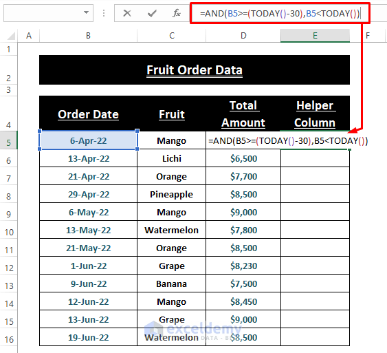 Today function-Excel Date Filter Last 30 Days