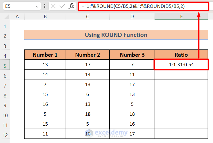 Using ROUND function to calculate ratio of 3 numbers in excel