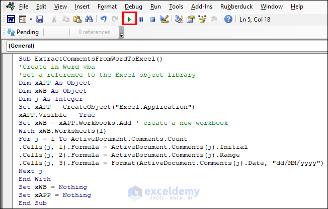 VBA code to extract comments from Word to Excel