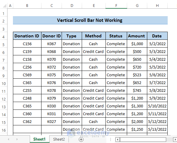 Vertical Scroll Bar Not Working in Excel 