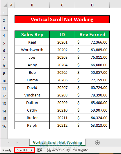 vertical scroll not working in excel