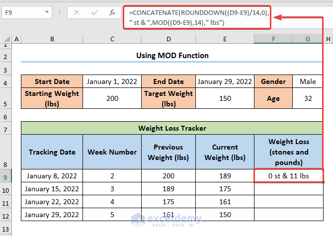 Weight Loss Spreadsheet in Stones and Pounds Using MOD Function
