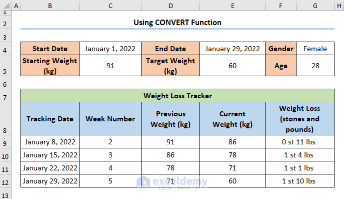 Weight Loss Spreadsheet in Stones and Pounds Using CONVERT Function
