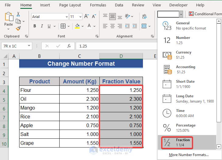 Using Fraction Format of Excel