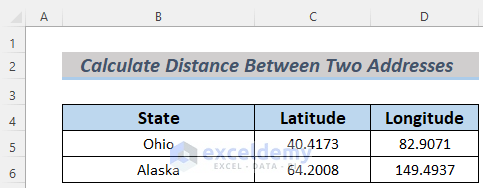 calculate distance between two addresses in excel