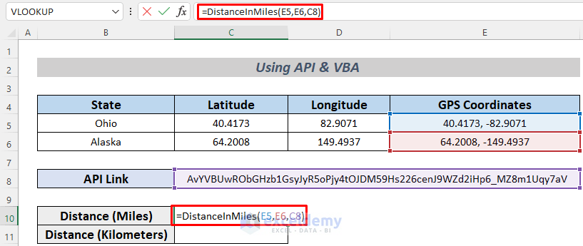 calculate distance between two addresses in excel