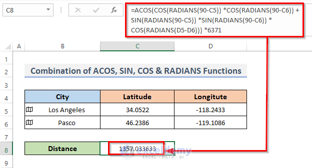 Compute Distance Between Two Cities with Excel ACOS, SIN, COS, and RADIANS Functions