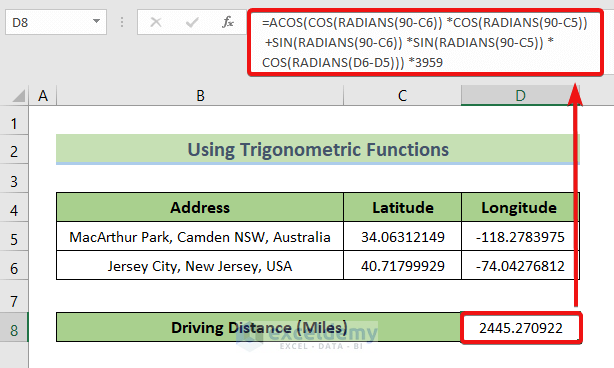 Calculate Driving Distance Between Two Addresses in Excel using trigonometric functions
