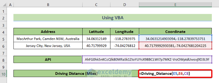 Calculate Driving Distance Between Two Addresses in Excel Using User Defined Function