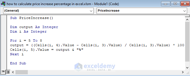 Get Price Increase Percentage with VBA in Excel