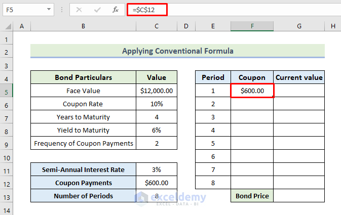 How to Calculate Price of a Semi Annual Coupon Bond in Excel