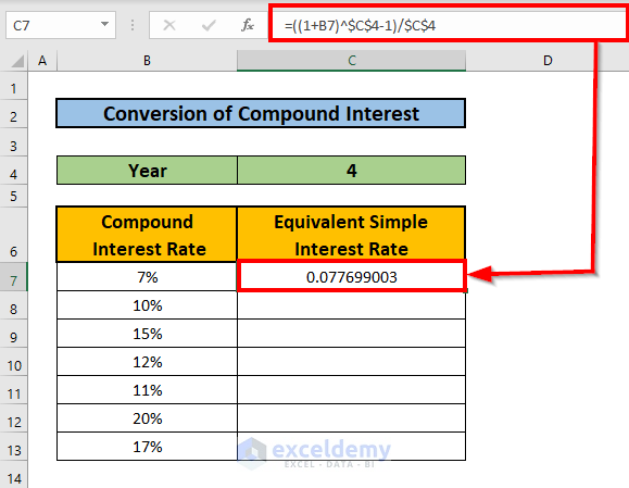 convert compound interest to simple interest excel