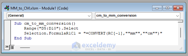 convert mm to cm in excel Code module