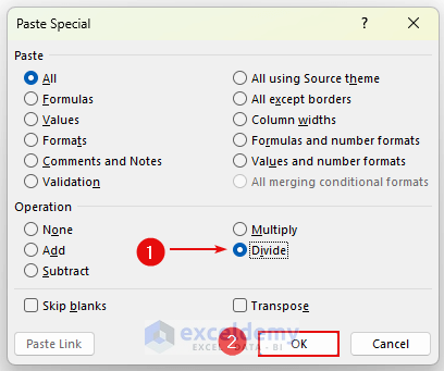convert mm to cm in excel paste special option