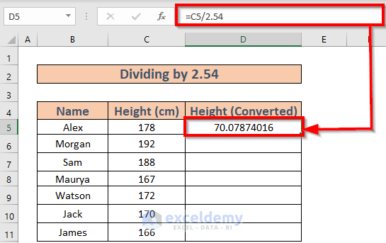 converting cm to inches in excel