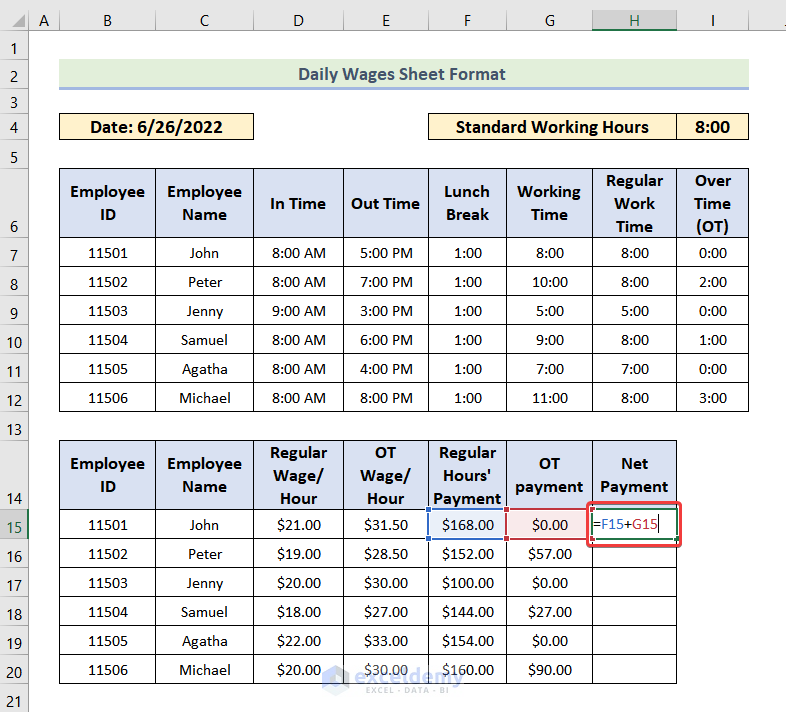 Determine Daily Net Wages in Daily Wages Sheet Format in Excel