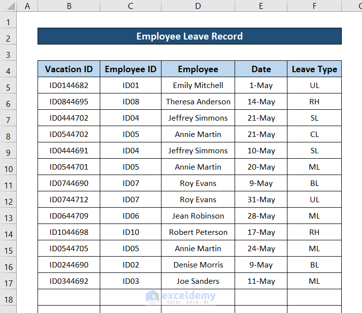 employee monthly leave record format in excel