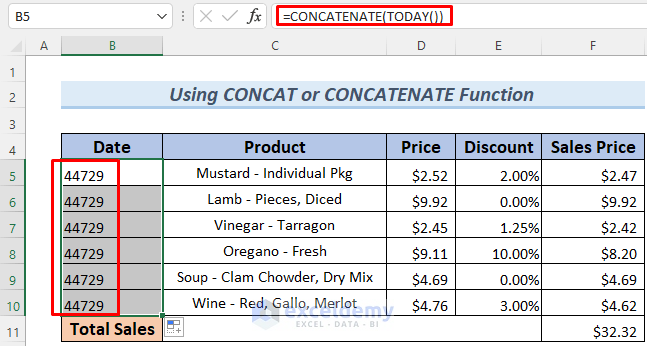 excel convert formula result to text string using CONCAT or CONCATENATE function