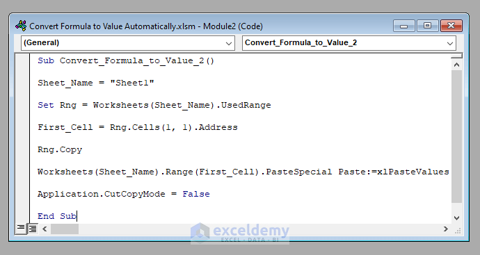 VBA Code to Convert Formula to Value Automatically in Excel