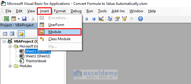 Inserting a Module to Convert Formula to Value Automatically in Excel