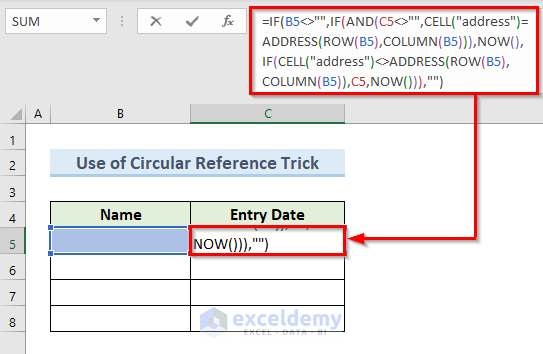 Use of Circular Reference Tricks to Insert Excel Date Stamp