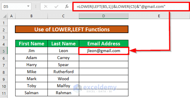 excel formula create email address first initial last name