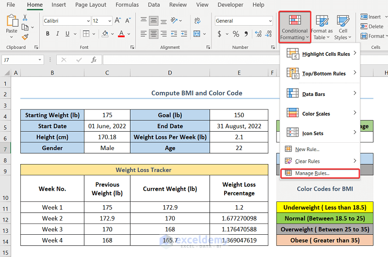 Computing BMI using Excel Formula